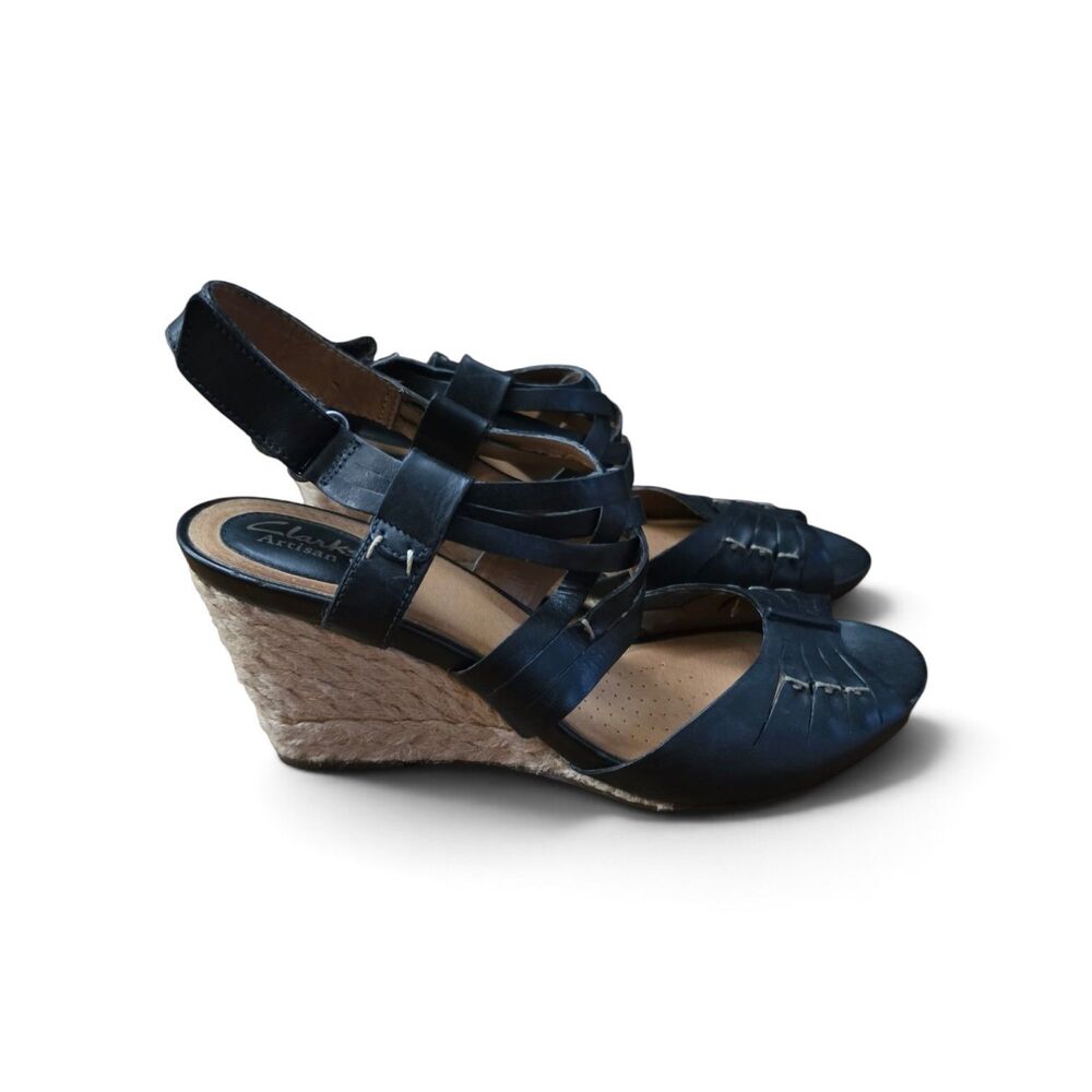 Clarks Artisan Black Leather Strappy Wedge Sandals Cork Heel Size 9.5 M 3" Heel